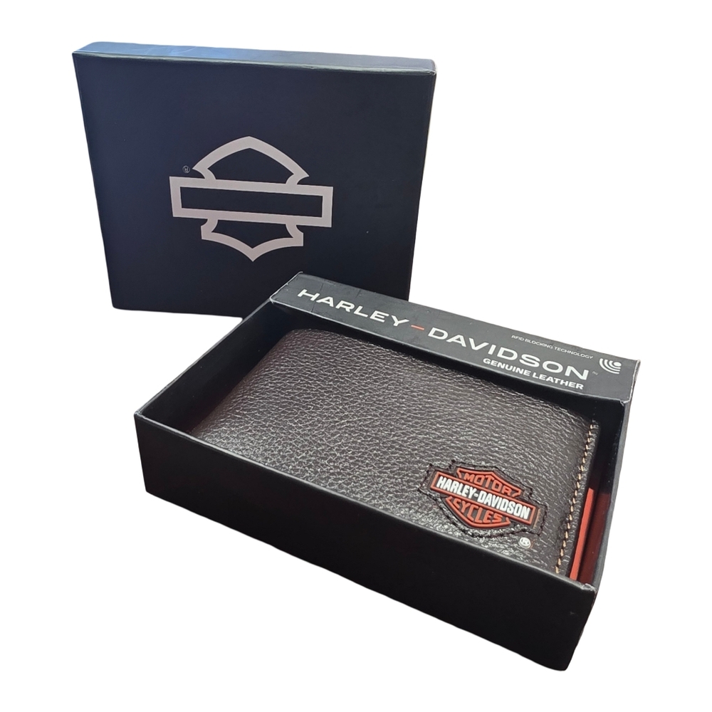HARLEY DAVIDSON Brown  Geniune Leather Branded Bifold Wallet NEW